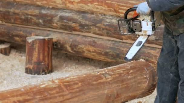 Ο άνθρωπος κάνει σγουρά κοπή ξύλου αλυσοπρίονο. Το αρχείο καταγραφής θα είναι μέρος της μελλοντικής του ξύλινου σπιτιού. Μάσκα προστασίας προσώπου εκ πρώτης όψεως ο οικοδόμος και πολλή πριονίδι. — Αρχείο Βίντεο