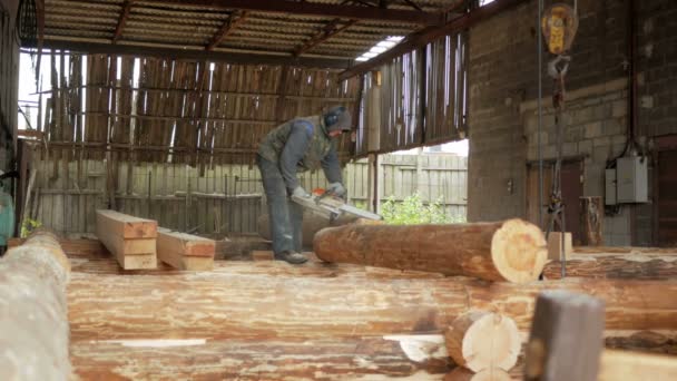 Ο άνθρωπος κόβει ξύλο αλυσοπρίονο για μελλοντικό σπίτι. Μάσκα προστασίας προσώπου εκ πρώτης όψεως ο οικοδόμος και πολλή πριονίδι. Υπόστεγο με ένα μέρος του μέλλοντος στο σπίτι στο παρασκήνιο — Αρχείο Βίντεο