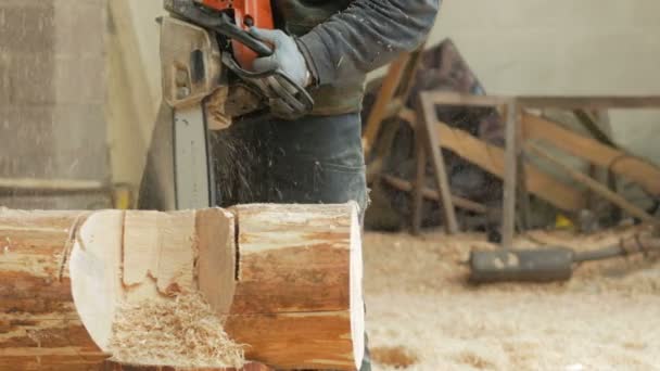 Man cuts wood chainsaw for future home. Protective face mask on the face of the builder and a lot of sawdust. Hangar with a part of the future home on the background — Stock Video