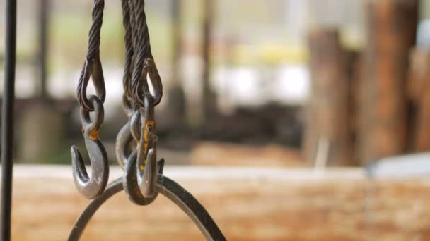 Crochet de treuil aérien Grue gros plan. Constructeur sciage du bois à l'aide d'une tronçonneuse en arrière-plan. déplacer la caméra — Video