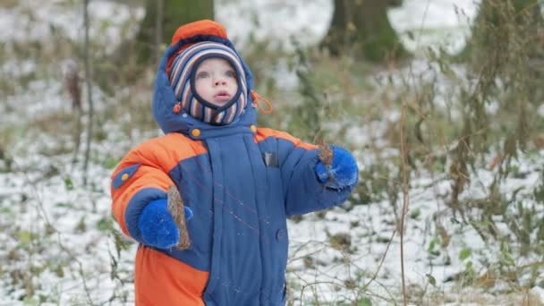有吸引力的婴儿玩在冬季树林里与她的母亲。在地面上，一点雪。男孩玩剑和分支机构。温暖的蓝色和橙色连身衣 — 图库视频影像