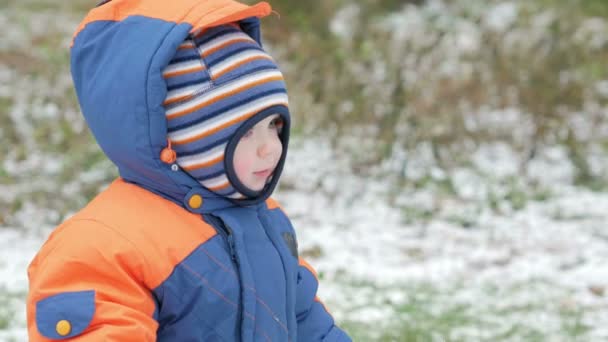 魅力的な赤ちゃんが母親と冬の森で遊ぶ。地上では、雪のビット。サーベルと枝で遊ぶ少年。温かみのあるブルーとオレンジのジャンプ スーツ — ストック動画