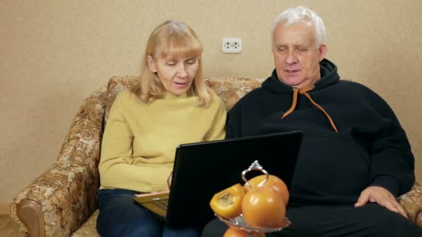 Pareja madura descansando un portátil en el sofá de su casa. El esposo y la esposa están viendo las noticias en la pantalla de la computadora. concepto de casa de vacaciones . — Vídeos de Stock