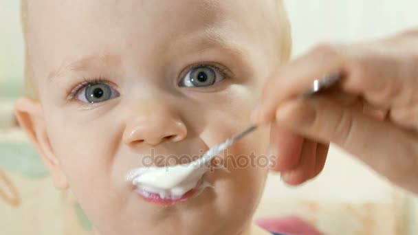 Atractivo bebé come requesón con cuchara usando madres. Niño 1 año. Primer plano — Vídeos de Stock