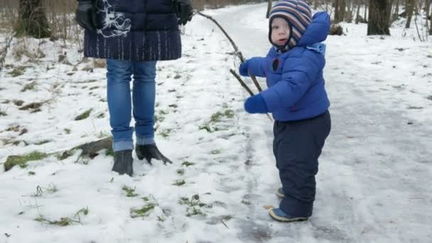 Atraktivní dětské hraní s matkou v zimě na ulici. Chlapec v rukou větve stromů — Stock video