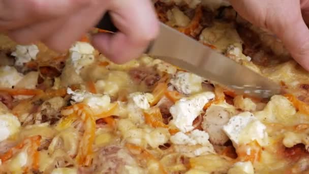 A mans hand skär en bit av hemmagjord pizza med olika ostar och tomat. Rörlig kamera — Stockvideo