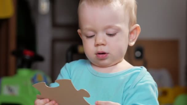 Een aantrekkelijke jongen 2 jaar oud pikt een grote puzzel. Hij neemt en kijkt naar de afzonderlijke delen van de afbeelding. — Stockvideo