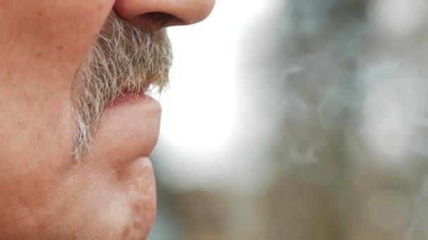 Пожилой мужчина с усами курит сигарету перед фильтром. Крупный план рта и сигарет — стоковое видео
