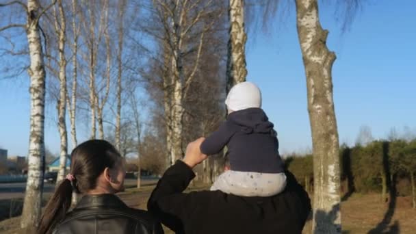 Sitzt das Kind auf dem Hals seines Großvaters und sie spazieren bei Sonnenuntergang durch den Park. meine Enkelin fährt gerne einen Mann. — Stockvideo