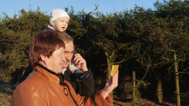 Grootvader en grootmoeder met haar kleinzoon in het park lopen en praten op de mobiele telefoon met hun familieleden bij zonsondergang. Video communicatie via het Internet — Stockvideo