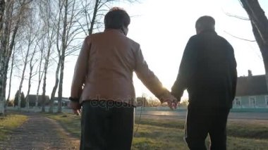 Seven yaşlı çift günbatımında Park'ta yürüyordunuz. Yakınlarda bir yoldur. Bir kadın kahverengi deri ceket. Adam bir siyah Kazak giymiş.