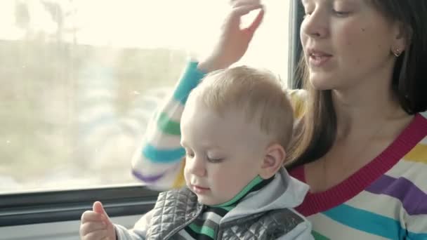 Mamãe brinca com o filhote em um trem em movimento perto da janela. O rapaz está no colo das mães. . — Vídeo de Stock