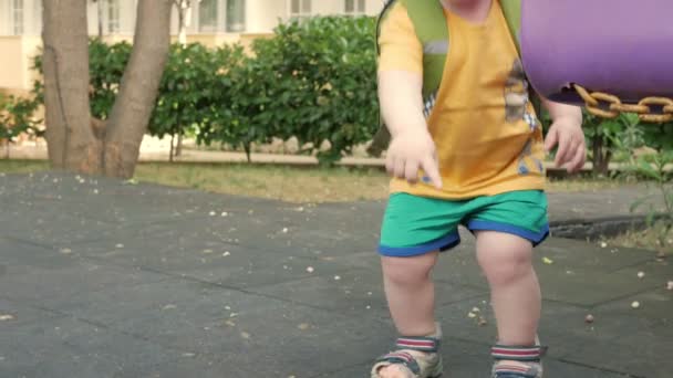 Дитина грає в саду біля фіолетового гойдалки. Він бачив мурашку і вказує на землю пальцем . — стокове відео