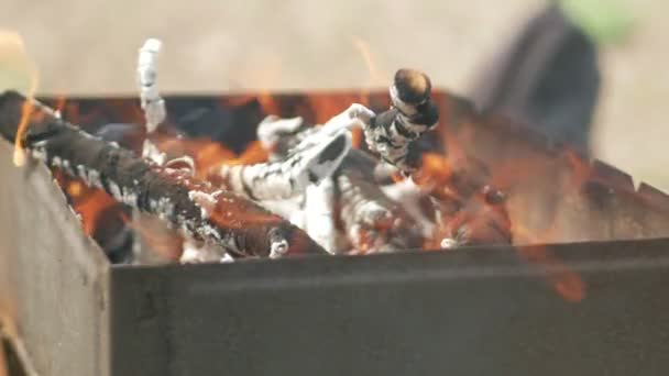 Grillkohle wird in einem Metallbehälter erhitzt. Kochen auf der Straße im Sommer. — Stockvideo