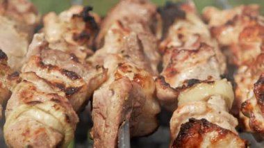 Kömür sokakta etindeki hazırlanması. Tavuk ve domuz metal çivi üzerine sinirli. Hareketli kamera