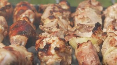 Kömür sokakta etindeki hazırlanması. Tavuk ve domuz metal çivi üzerine sinirli. Hareketli kamera