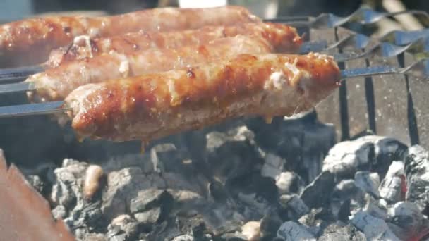 Gras appétissantes saucisses cuisiner sur le feu. La graisse coule dans le feu. Beaucoup de fumée des charbons . — Video