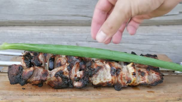 Kokt kött i en grill på en träskiva med salladslök. Ruddy, något brända bitar. Trävägg i bakgrunden — Stockvideo