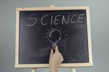 Bilim yazma, kimya öğeleri üzerinde karanlık ch çizim bir öğretmen