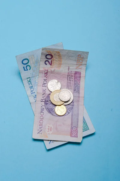 Polský zlotý v bankovkách a mincích — Stock fotografie