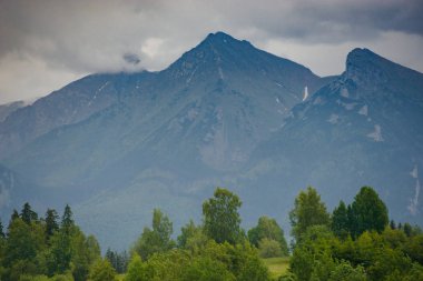 Yaz dağları yeşil çimenler ve mavi gökyüzü manzarası