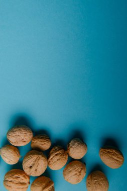 Ceviz, ceviz yakın çekim, mavi zemin üzerine ceviz,