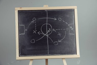 Kara tahta çizim bir futbol taktikleri yakın çekim.