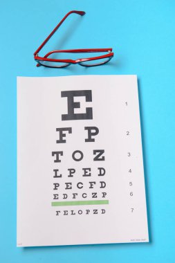 Snellen test çizelgesinde duran gözlüklerin görüntüsünü kapat
