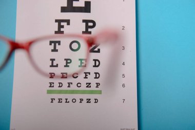 Snellen test çizelgesinde duran gözlüklerin görüntüsünü kapat