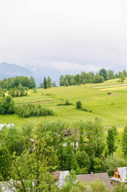 Tatra mountain geleneksel kulübeleri ile yaz dağ manzarası.