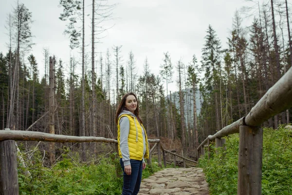 Mulher Morena Caminhante Caminhadas Trilha Hora Verão Montanha Tatra Polónia — Fotografia de Stock