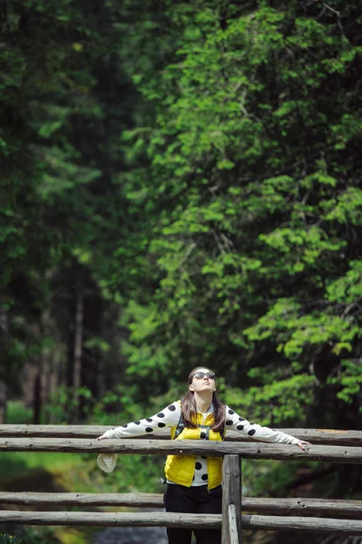 Žena pěšky přes dřevěný most — Stock fotografie