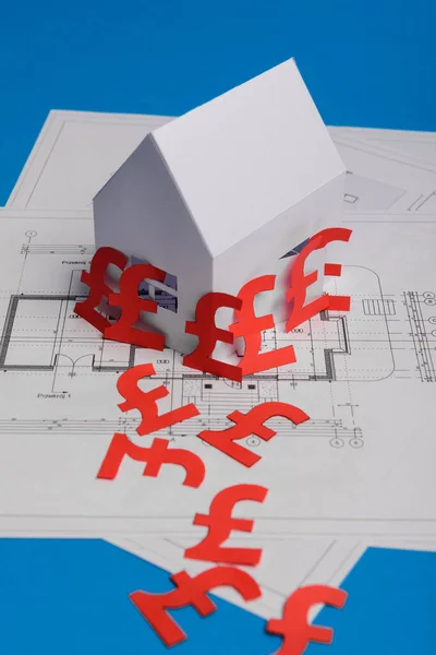 White family paper house , british pound money symbol , house projects plan and blueprints on mint background paper. Minimalistic and simple concept, style. Vertical orientation. View from above. Copy