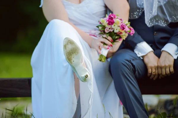 Bride and groom at a photo session in the nature Royalty Free Stock Photos