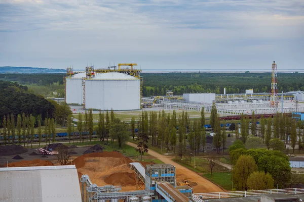 Large industrial tanks for petrochemical plant, oil and gas fuel. LNG terminal in Swinoujscie, Poland.