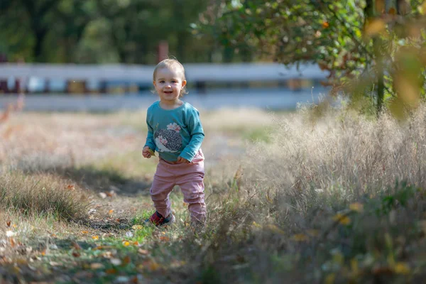 Adorable chica divirtiéndose en hermoso día de otoño — Foto de Stock