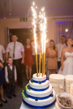 Partideki lezzetli düğün pastası. Duman ve yangın efektleri.