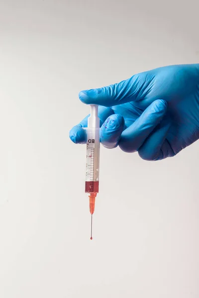 Hand Glove Syringe White Background Injections — Stock Photo, Image