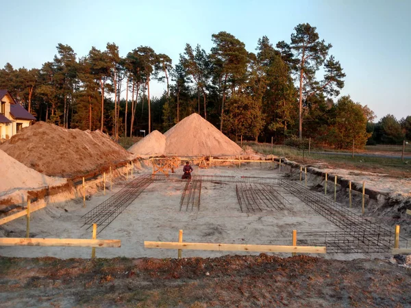 Wooden formwork concrete strip foundation for a cottage. — Stock Image Wooden Formwork Concrete Strip Foundation Cottage Royalty Free Stock Images