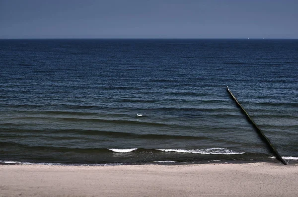 Sandy beach ve ahşap dalgakıran — Stok fotoğraf
