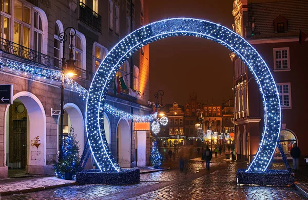 Decoraciones Navideñas Por Noche Ciudad Poznan — Foto de Stock