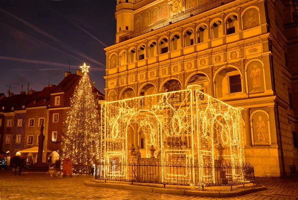 文艺复兴时期的市政厅和圣诞装饰品 在波兹南市 — 图库照片