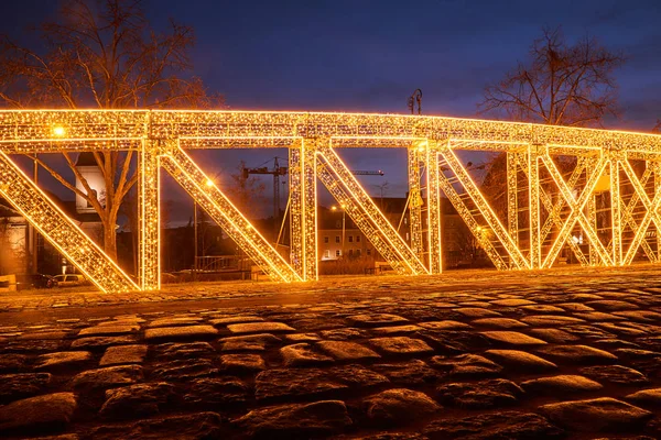 Iluminação Natal Forma Ponte Poznan — Fotografia de Stock