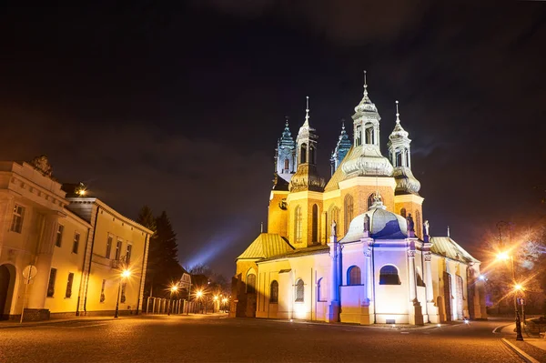 哥特式大教堂教堂与晚上在波兹南的塔 — 图库照片