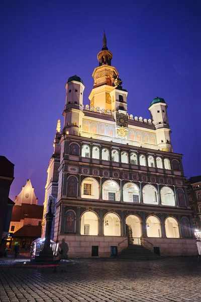 Fasaden Den Historiska Renässans Stadshus Natten Torget Poznan — Stockfoto