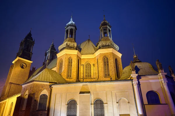 Tornen Den Gotiska Katolska Katedralen Natten Poznan — Stockfoto