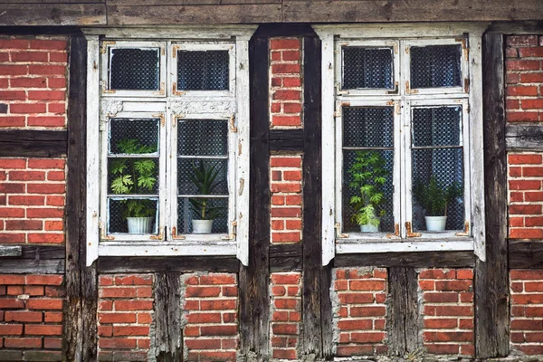 Dřevěná Okna Dřevěná Stěna Venkovské Chaty Polsku — Stock fotografie