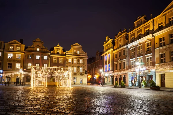 Piac Tér Történelmi Bérházak Karácsonyi Dekorációk Poznan Városban — Stock Fotó