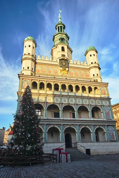 Fasaden Renässans Stadshus Och Juldekorationer Staden Poznan — Stockfoto
