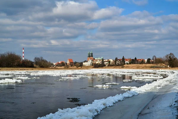 Ice River Warta Towers Gothic Cathedral Poznan — Stock Photo, Image